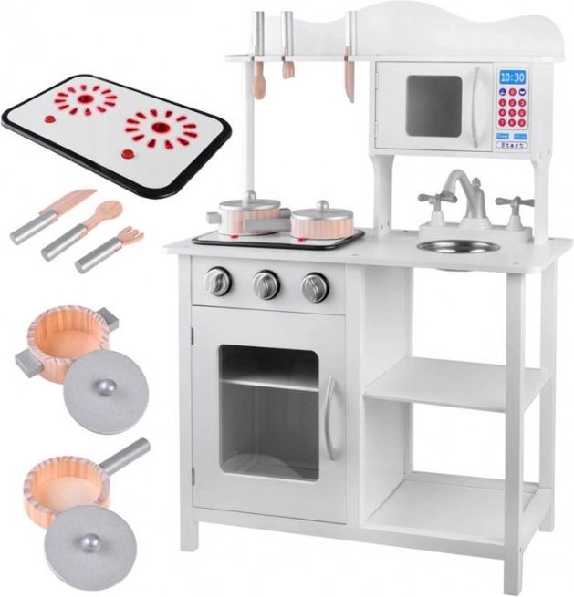 Cucina giocattolo interattiva in legno bianca con piano a induzione e accessori