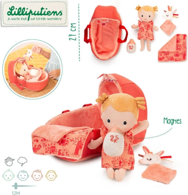 Lilliputiens – bambola bebè Lena nel cestino con copertina coccola e biberon, 12 m+