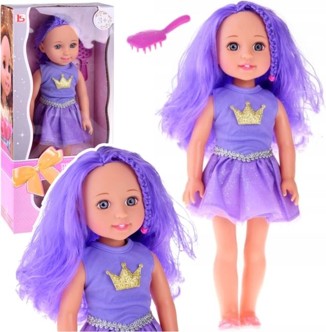Bambola con capelli viola, vestito viola e spazzola per capelli