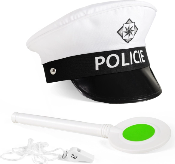 Set del poliziotto del traffico con cappello, paletta e fischietto