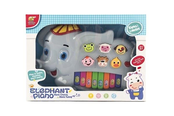 Pianino elefante con animaletti in plastica 28 cm a batterie con suoni e luci in scatola 32x23x6 cm