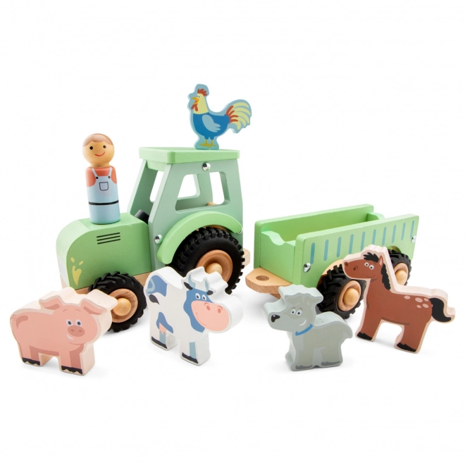 Trattore in legno con rimorchio e animali di New Classic Toys