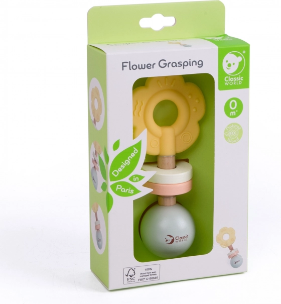 Sonagliere in legno pastello e dentaruolo 2 in 1 a forma di fiore