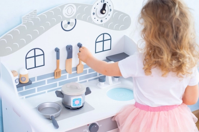 Cucina in legno grigia con luce e accessori per bambini