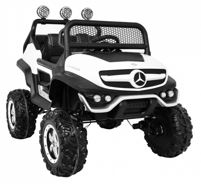 Mercedes Benz Unimog per bambini bianco + trazione 4x4 + telecomando + portabagagli + partenza lenta + MP3 LED