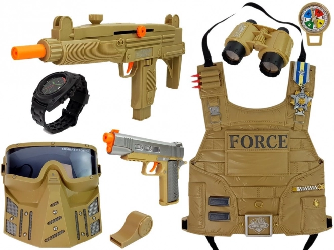 Set militare con pistola, maschera, binocolo, giubbotto e bussola