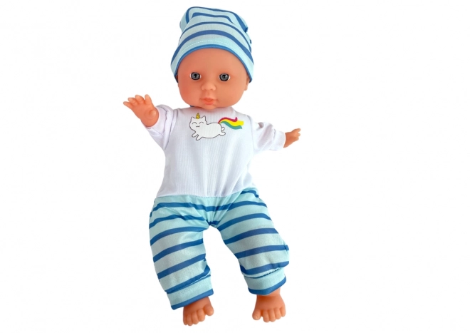 Bambola neonato con pigiama blu a righe