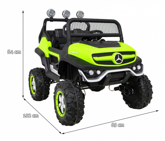Mercedes Benz Unimog per bambini Verde + trazione 4x4 + telecomando + vano bagagli + partenza lenta + MP3 LED