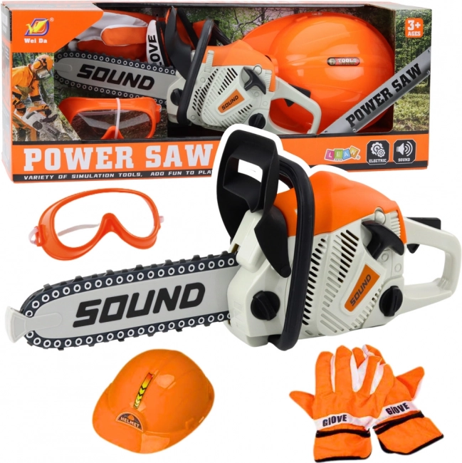 Motosega giocattolo per bambini con suoni e accessori