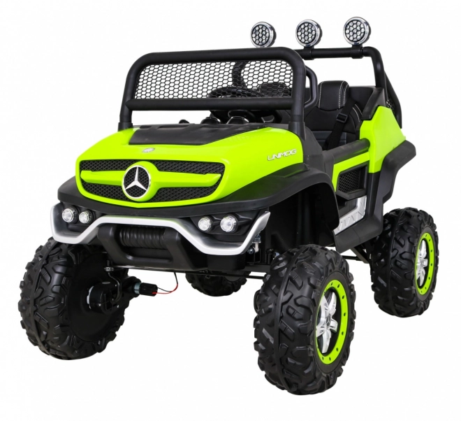 Mercedes Benz Unimog per bambini Verde + trazione 4x4 + telecomando + vano bagagli + partenza lenta + MP3 LED
