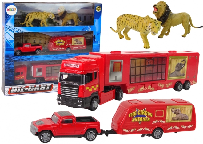 Camion trasportatore di animali da circo con leone e tigre