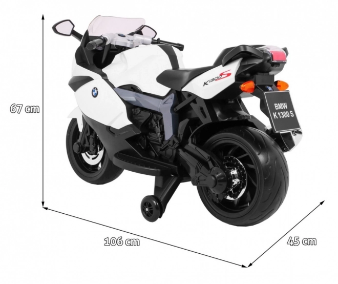 BMW K1300S Motocicletta per Bambini a batteria bianca + ruote ausiliarie + suoni Luci + partenza lenta