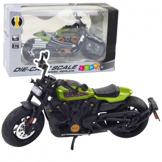 Motociclo Chopper in metallo nero con dettagli verdi