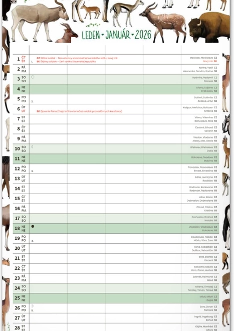 Calendario da parete Pianificatore per Famiglie 2026 con illustrazioni di Animalium