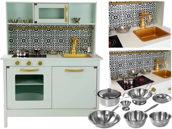 Cucina in legno Emma menta con accessori in acciaio inossidabile