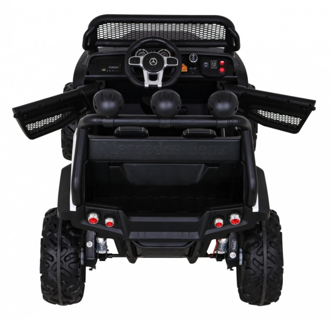 Mercedes Benz Unimog per bambini bianco + trazione 4x4 + telecomando + portabagagli + partenza lenta + MP3 LED