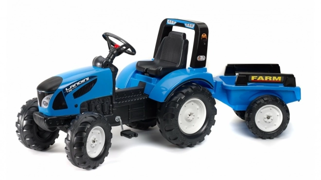 Trattore Landini blu a pedali con rimorchio per bambini dai 3 anni
