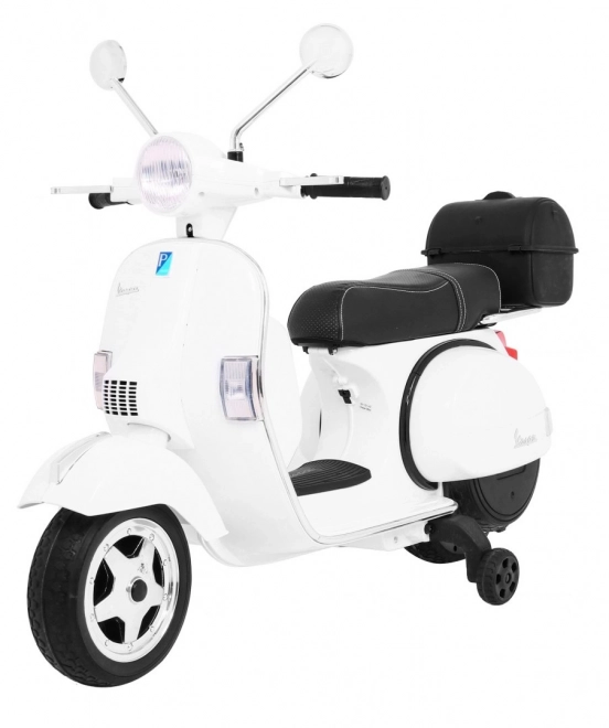 Scooter elettrico Vespa per bambini bianco con rotelle ausiliarie e audio