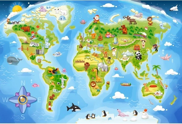 Mappa del mondo divertente con animali e monumenti