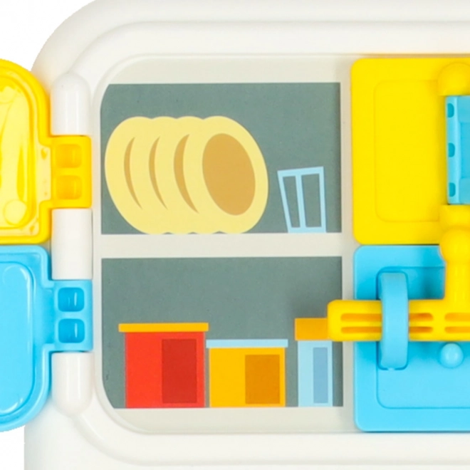 Tavola manipolativa Montessori con elementi di cucina e orologio educativo