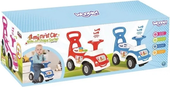 Woopie macchinina cavalcabile 4in1 con sorter, spingi-primi passi e clacson con vano nascosto