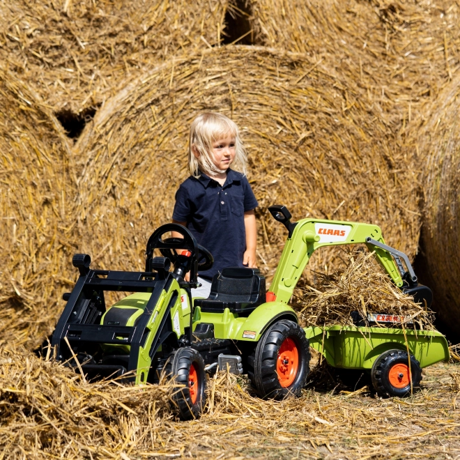 Trattore a pedali Claas Arion con caricatore, escavatore e rimorchio