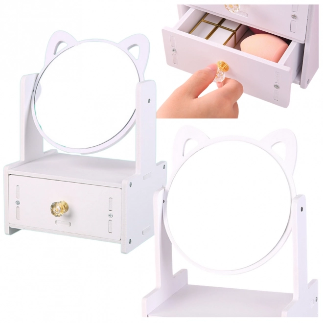 Toeletta specchio da trucco con cassetto e orecchie in legno bianca