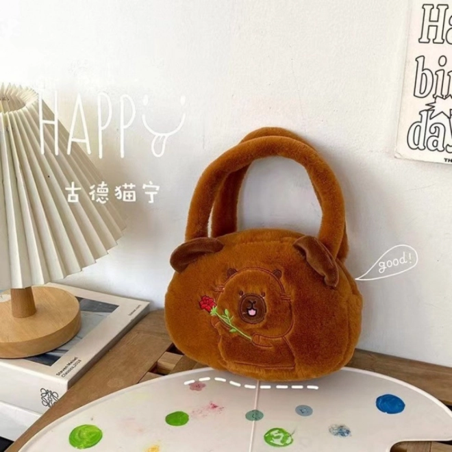 Borsa di peluche con capibara e rosa marrone 20 cm