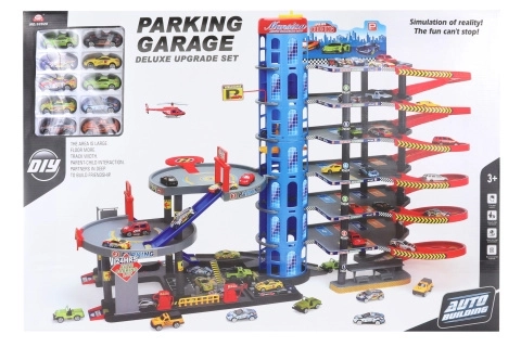 Garage giocattolo con auto e eliporto