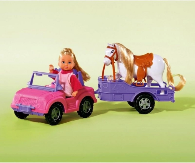 bambola Evička con jeep e rimorchio per cavalli