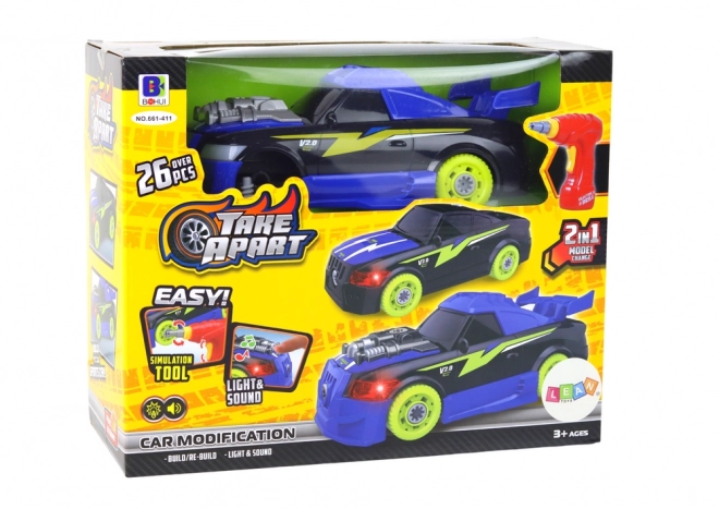 Auto sportivo blu DIY con suoni e luci con trapano