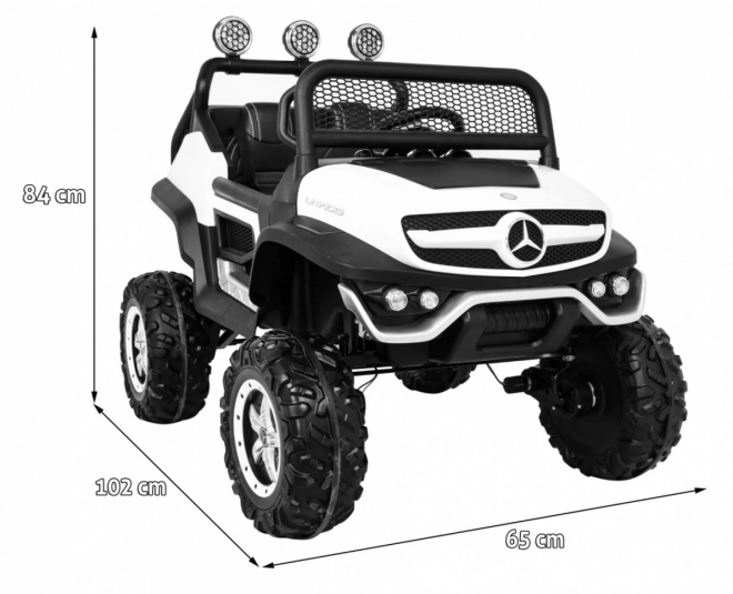Mercedes Benz Unimog per bambini bianco + trazione 4x4 + telecomando + portabagagli + partenza lenta + MP3 LED