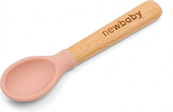 Cucchiaio in silicone e legno New Baby rosa