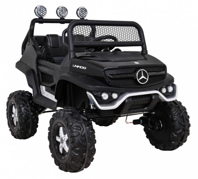 Mercedes Benz Unimog per bambini nero + trazione 4x4 + telecomando + vano bagagli + avvio lento + MP3 LED