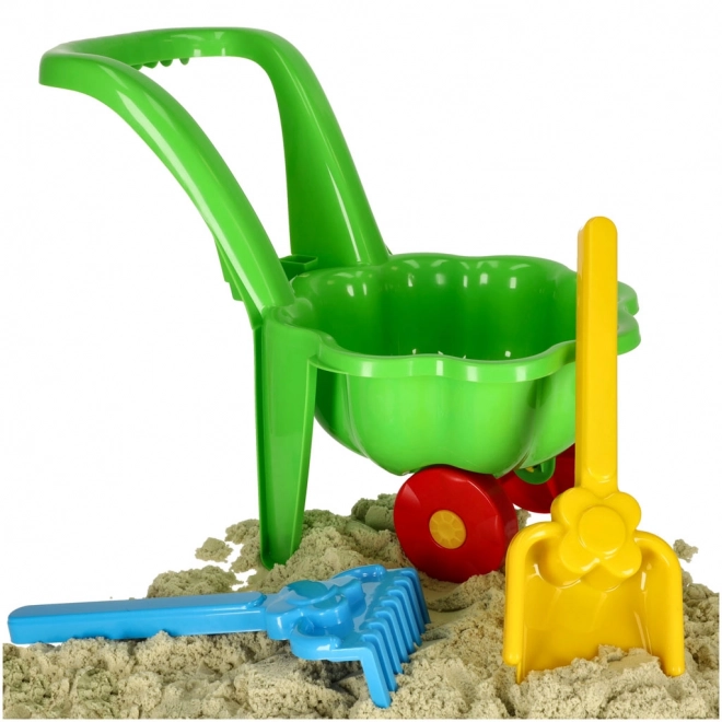 Carriola verde per bambini con set da giardino