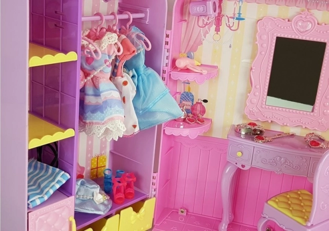 Guardaroba con illuminazione e specchio, bambola 26 cm, set di abiti e accessori
