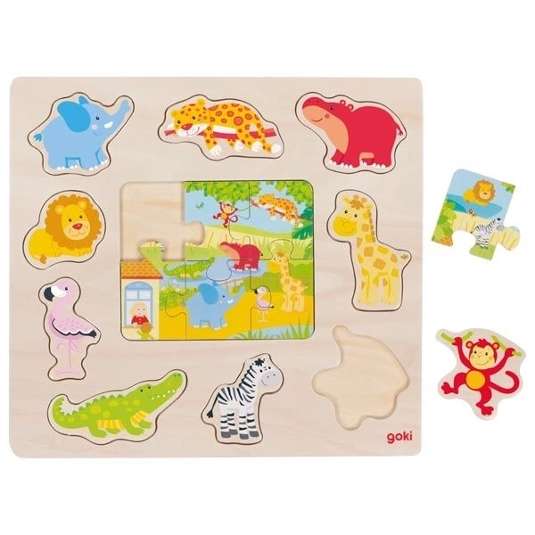 Pezzi in legno e puzzle animali dello zoo