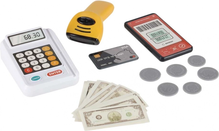 Acquisto realistico: cassa, scanner e pagamento con carta