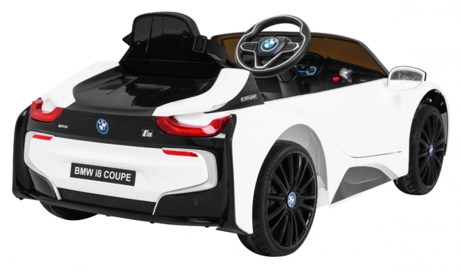 Auto a batteria BMW I8 Lift Bianco + telecomando + avviamento lento + cinture a 3 punti + MP3 USB + LED