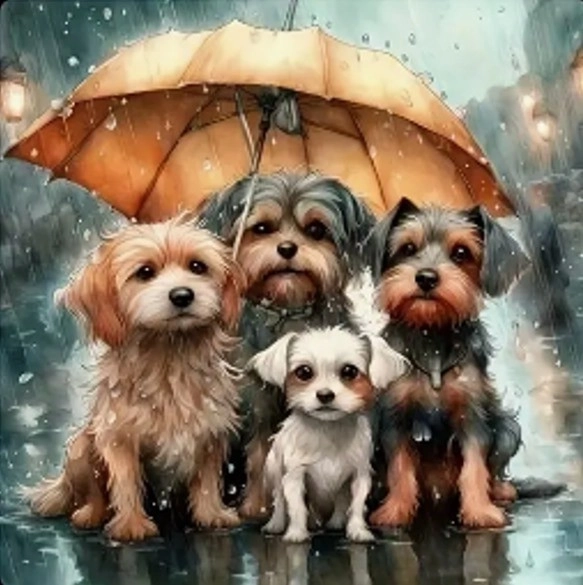 Mosaico diamantato - Famiglia di cani sotto l'ombrello
