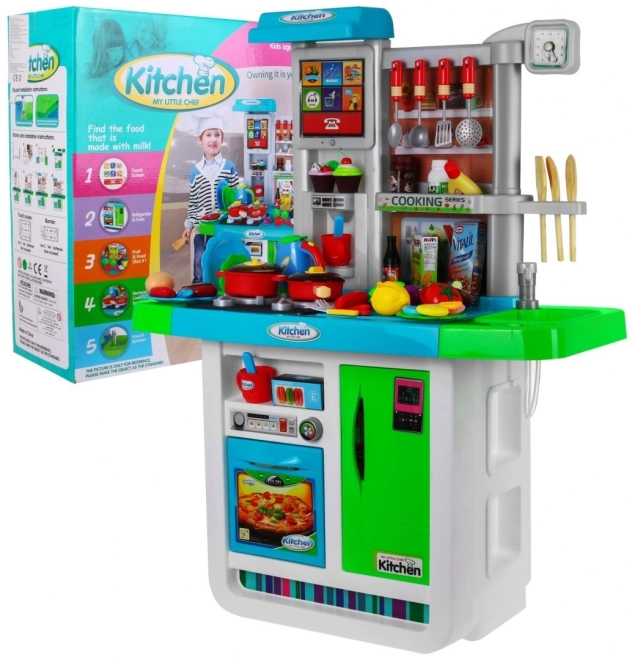 Grande cucina interattiva blu per bambini 3+ con fornelli, rubinetto e pannello audio – blu