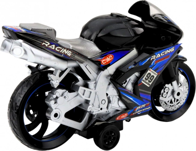 Moto da corsa nero-blu con effetti luminosi e sonori