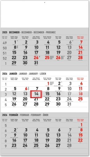 Calendario da parete trimestrale con nomi slovacchi 2026, grigio