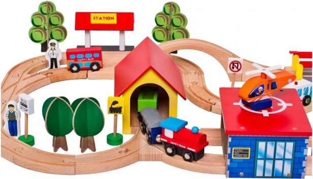 Pista di treno in legno con auto e accessori