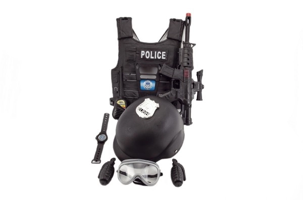 Set pistola della polizia e casco con accessori