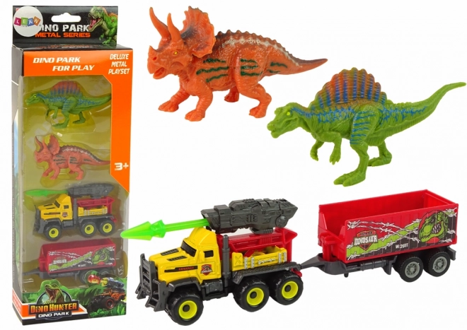 Set dinosauri con auto e rimorchio giallo