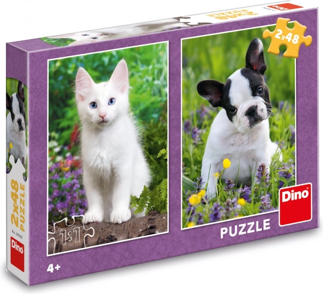 Puzzle DINO cucciolo di bulldog e gattino 2x48 pezzi