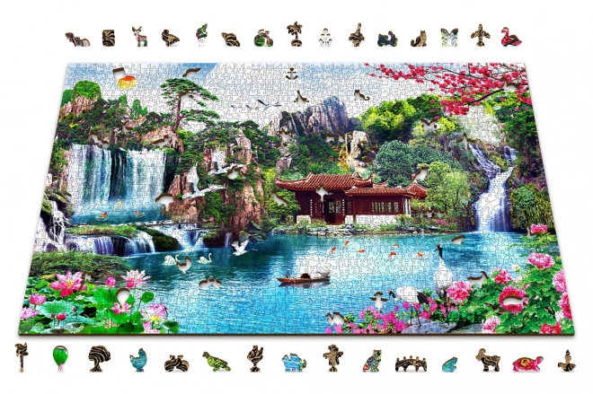 Puzzle in legno Cascate nel giardino giapponese 2 in 1, 2000 pezzi