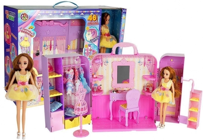 Guardaroba con illuminazione e specchio, bambola 26 cm, set di abiti e accessori