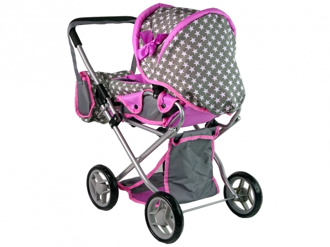 Passeggino per bambole 2 in 1 con borsa grigio e rosa stelle